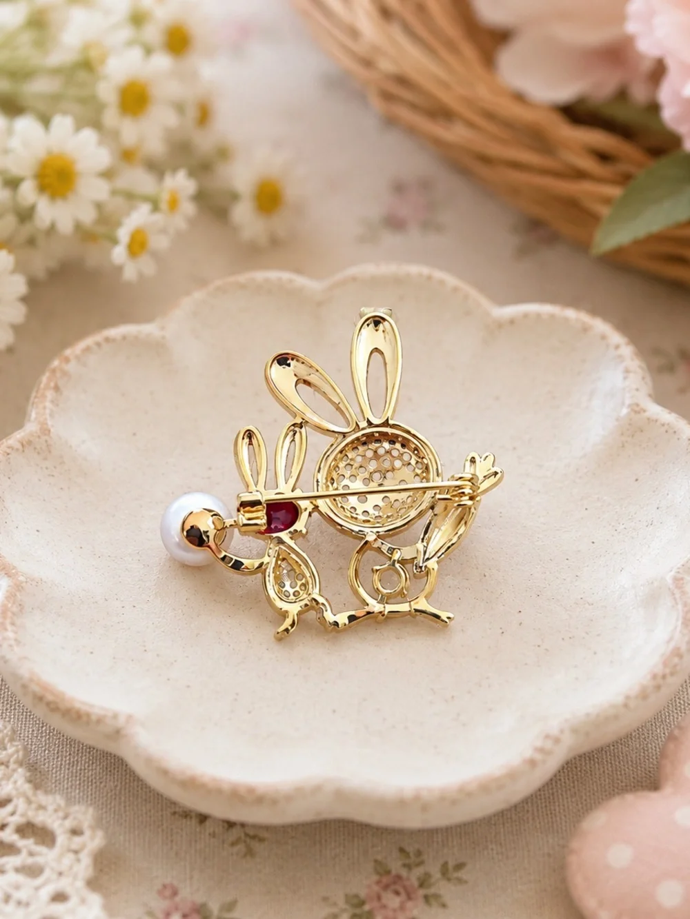 Gold-Tone Bunny Brooch with Red Gem, Pearl & Orange Carrot